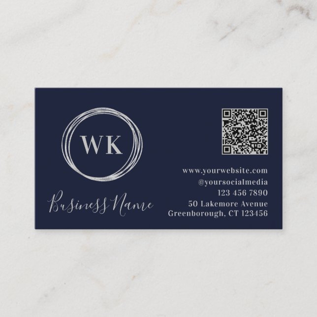 Moderner Monogram Navy Silver QR Code Visitenkarte (Vorderseite)