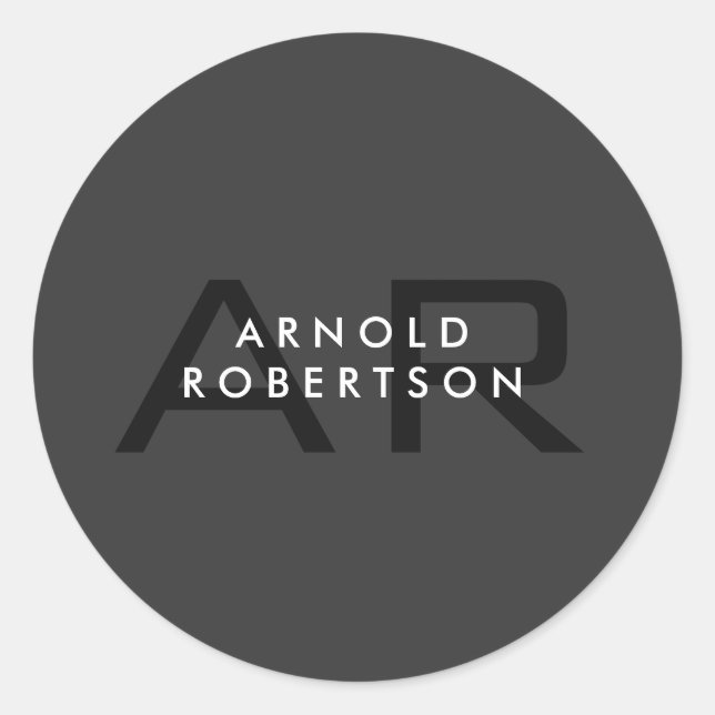 Moderner Monogram Schlicht Grau Trendy Add Name Runder Aufkleber (Vorderseite)