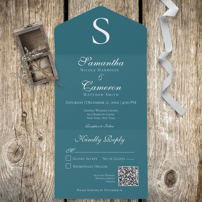 Moderner Monogramm Aquamariner Blue QR-Code All In One Einladung (Von Creator hochgeladen)