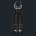 Moderner Monogramm Name Schwarz Grau Personalisier Edelstahlflasche<br><div class="desc">Kleine Metallflasche mit einem einfachen und schlichten personalisierten Typ aus Schwarz/Weiß und Grau oder geschlechtsneutralem Namen und Monogramm mit 2 Anfangsbuchstaben, die Sie an jeden Schriftart oder jede Farbe bearbeiten können, um eine elegante Metallflasche zu entwerfen, die für das Büro oder die Schule oder für Sportarten in klassisch-schick Schwarz/Weiß hervorragend...</div>