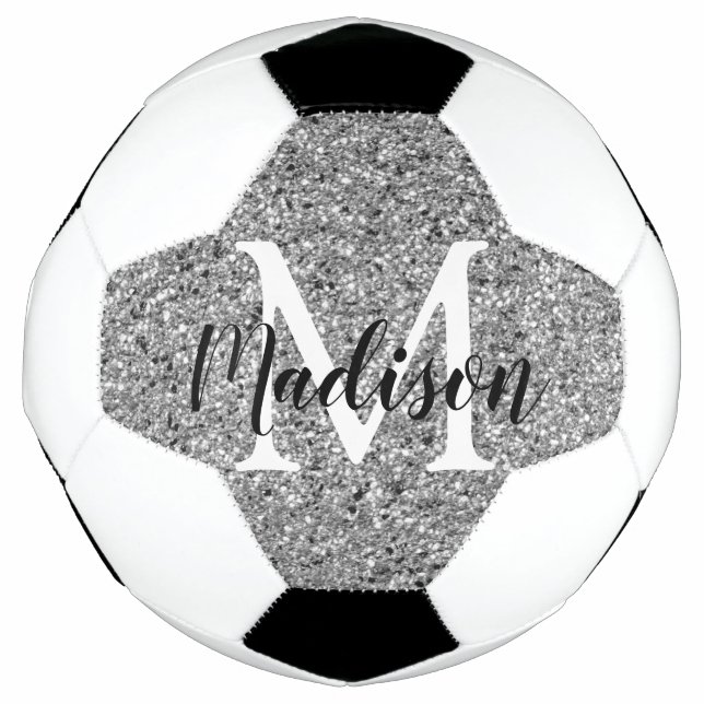 Moderner Name des Silver Glitzer Chic Monogram Fußball (Vorderseite)
