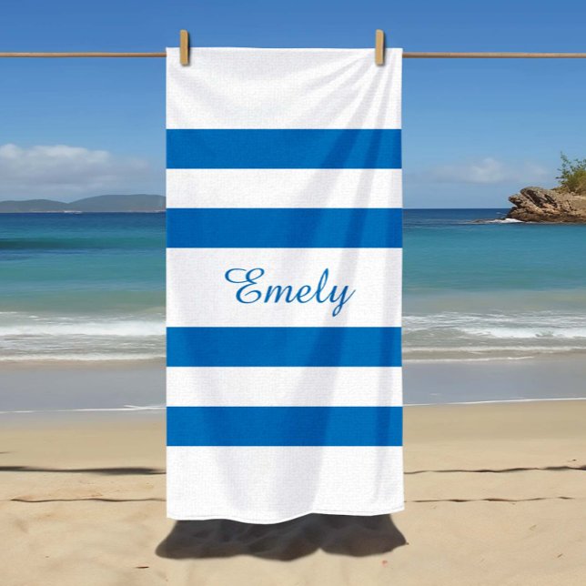 Moderner Name Französischer Blue Strip Pool Strandtuch (Modern Name French Blue Striped Pool Beach Towel)