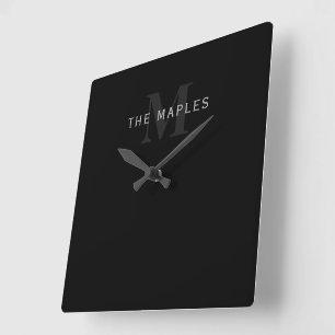 Moderner Name & Monogramm Grau & Schwarz Quadratische Wanduhr