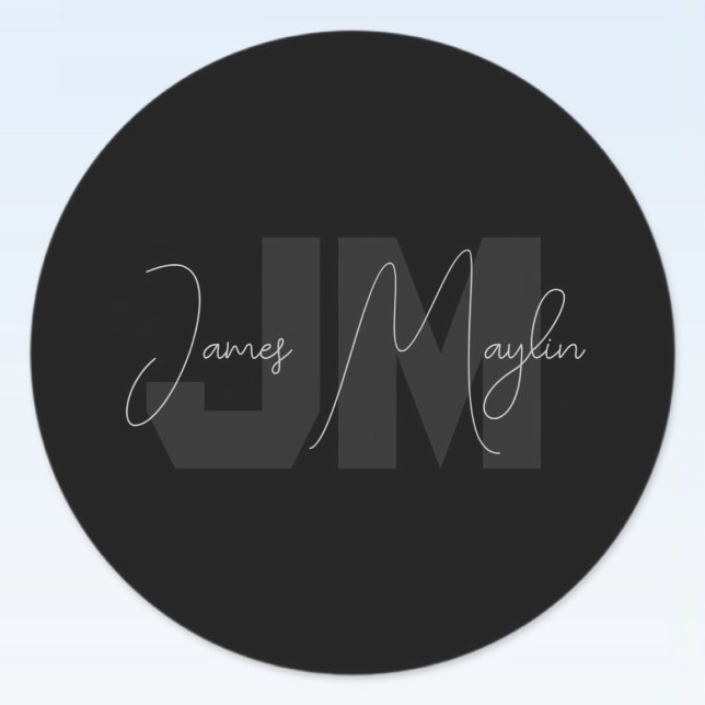 Moderner Name & Monogramm | Grau & Schwarz Runder Aufkleber (Von Creator hochgeladen)