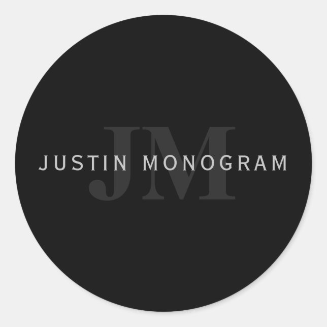 Moderner Name & Monogramm | Grau & Schwarz Runder Aufkleber (Vorderseite)