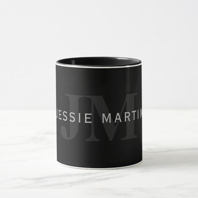 Moderner Name & Monogramm | Grau & Schwarz Tasse (Zentrum)