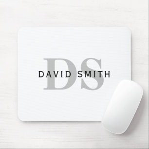 Moderner Name & Monogramm   Weiß Schwarz & Grau Mousepad