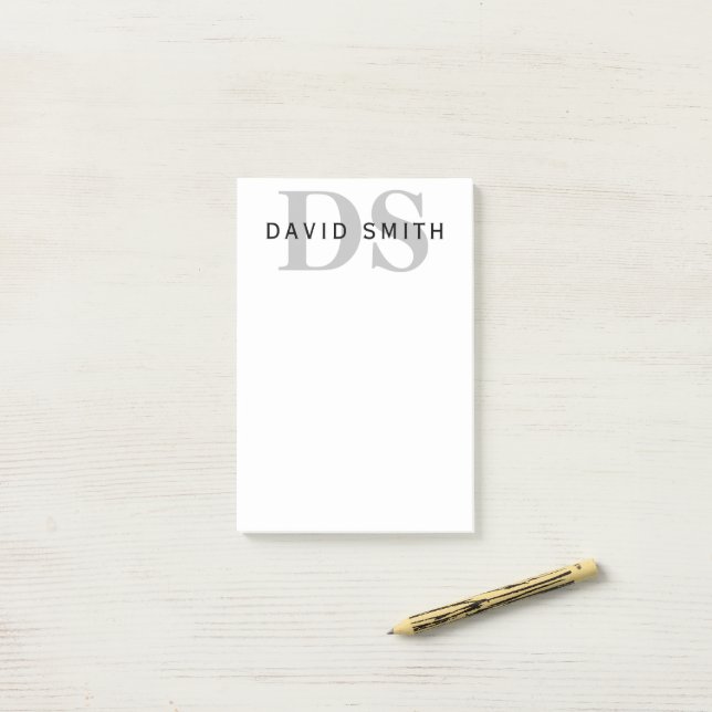 Moderner Name & Monogramm | Weiß Schwarz & Grau Post-it Klebezettel (Auf Schreibtisch)