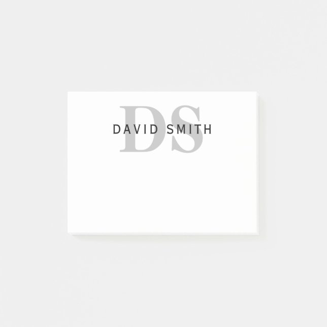 Moderner Name & Monogramm | Weiß Schwarz & Grau Post-it Klebezettel (Vorderseite)