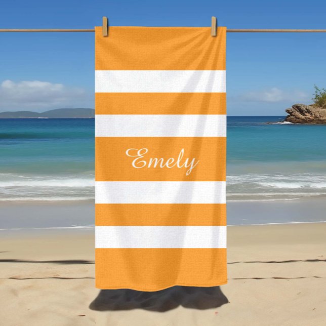 Moderner Name Orange Gestreifter Pool  Strandtuch (Modern Name Orange Striped Pool Beach Towel)
