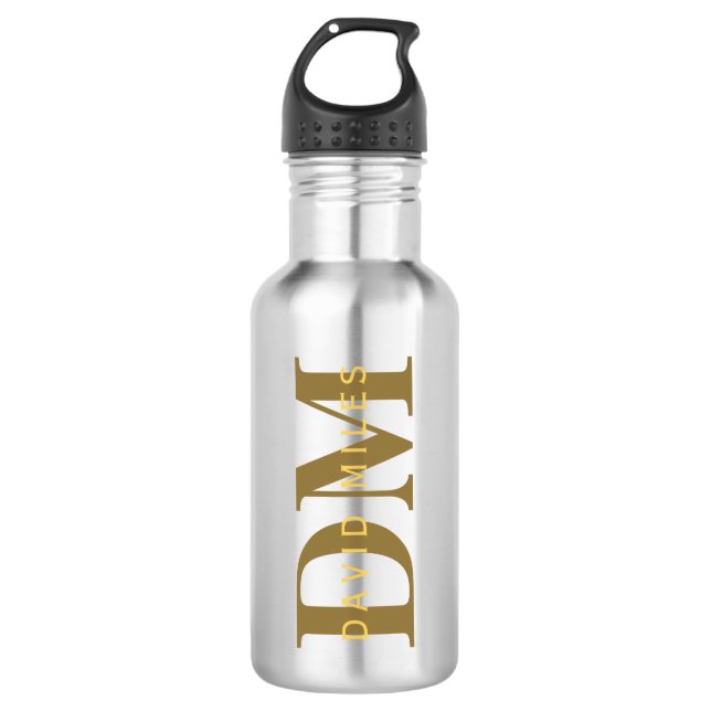 Moderner Name und Monogramm | Gold & Dunkelgrau Edelstahlflasche (Vorderseite)