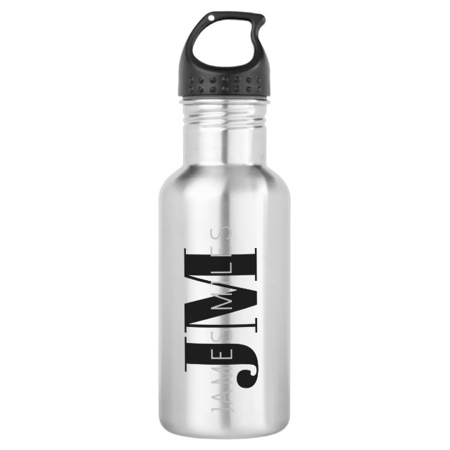 Moderner Name und Monogramm | Grau und Schwarz Edelstahlflasche (Vorderseite)