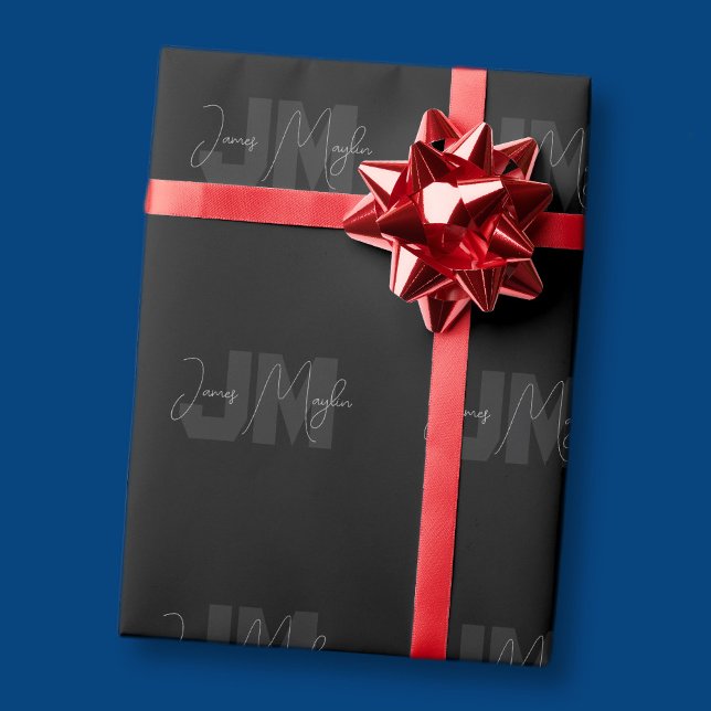 Moderner Name und Monogramm | Grau und Schwarz Geschenkpapier (Von Creator hochgeladen)