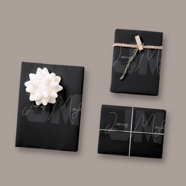 Moderner Name und Monogramm | Grau und Schwarz Geschenkpapier Set (Von Creator hochgeladen)