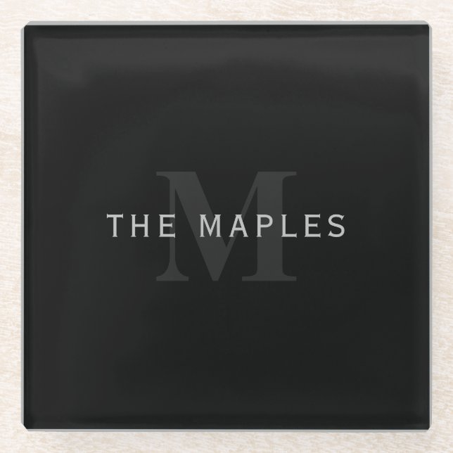 Moderner Name und Monogramm | Grau und Schwarz Glasuntersetzer (Vorderseite)