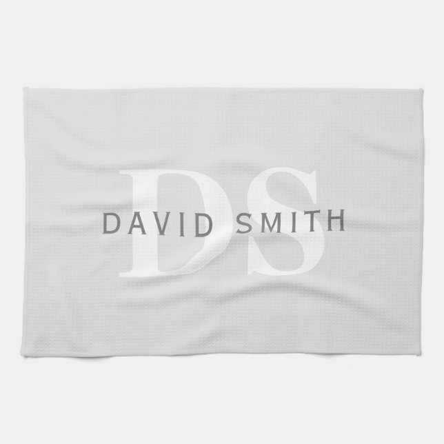 Moderner Name und Monogramm | Light & Dark Grau Wh Geschirrtuch (Horizontal)