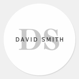 Moderner Name und Monogramm   Schwarz-weiß & grau Runder Aufkleber