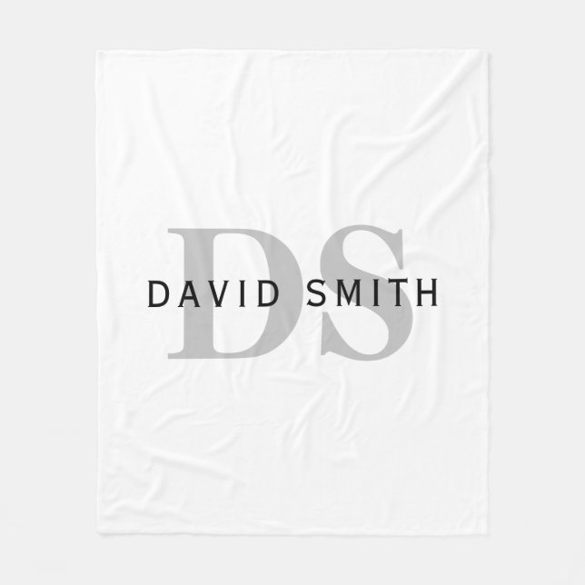 Moderner Name und Monogramm | Weiß Schwarz & Grau Fleecedecke (Vorderseite)