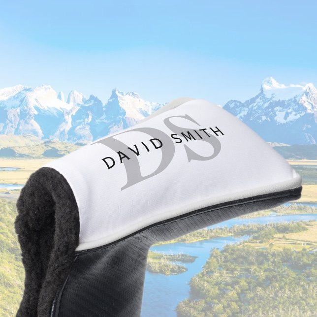 Moderner Name und Monogramm | Weiß Schwarz & Grau Golf Headcover (Von Creator hochgeladen)