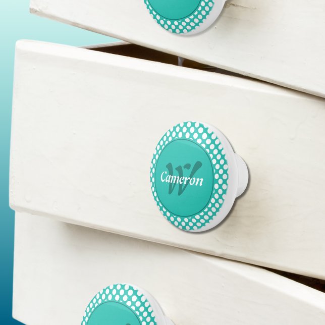 Moderner Namensinitial-Türkis-Weiß-Punkte Keramikknauf (Modern Name Initial Turquoise White Polka Dots Ceramic Knob)