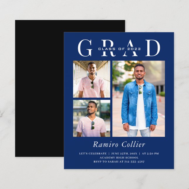 Moderner Navy Blue 3 Foto Abschluss Einladung (Vorne/Hinten)