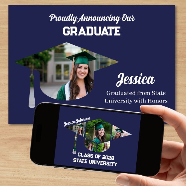 Moderner Navy Blue 7 Foto Abschluss Ankündigung (Modern Navy Blue Graduation Announcement with 7 Photos)