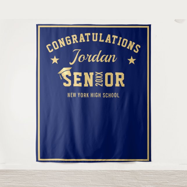 Moderner Navy Blue Abschluss Foto Stand Hintergrun Wandteppich (Vorderseite)