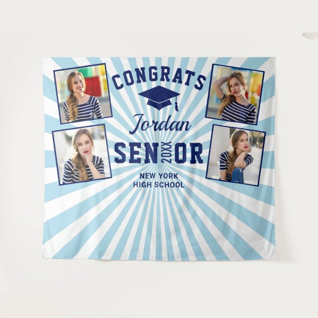 Moderner Navy Blue Abschluss Foto Stand Hintergrun Wandteppich (Vorderseite (Horizontal))