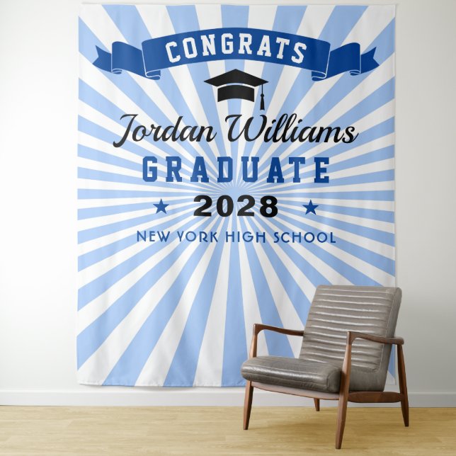 Moderner Navy Blue Abschluss Foto Stand Hintergrun Wandteppich (Beispiel)