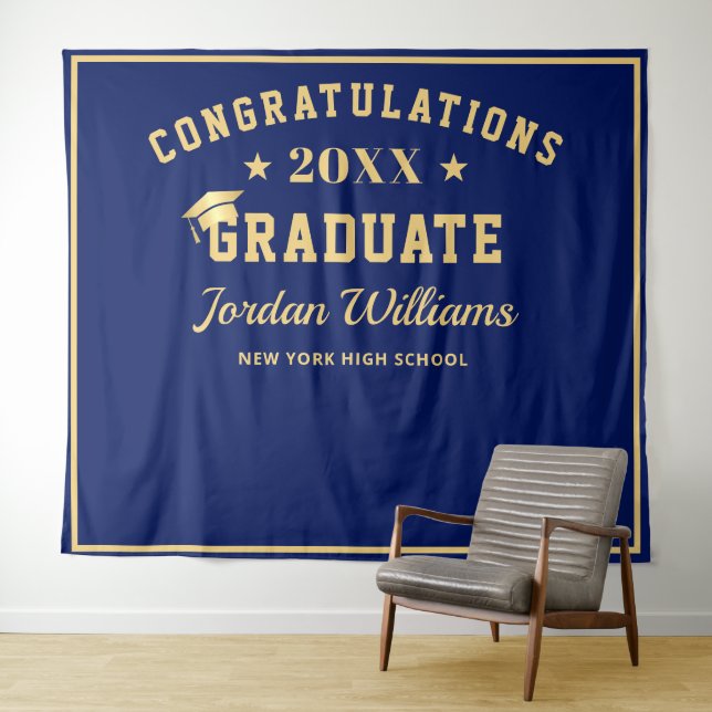 Moderner Navy Blue Abschluss Foto Stand Hintergrun Wandteppich (Beispiel (Horizontal))