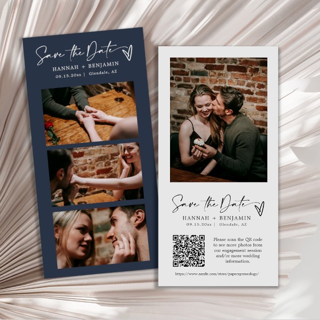 Moderner Navy Blue Boho Foto Booth Strip QR Code Save The Date (Von Creator hochgeladen)