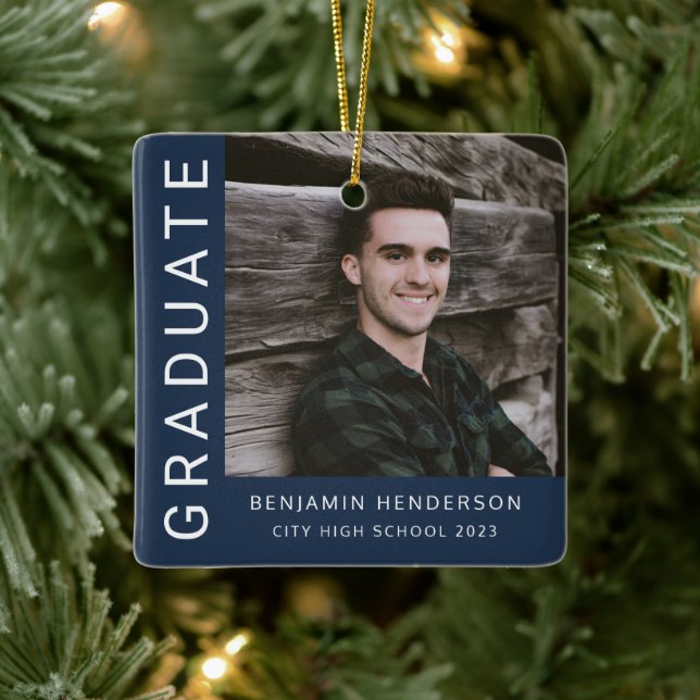 Moderner Navy Blue Foto Boy Abschluss Keramikornament (Baum)