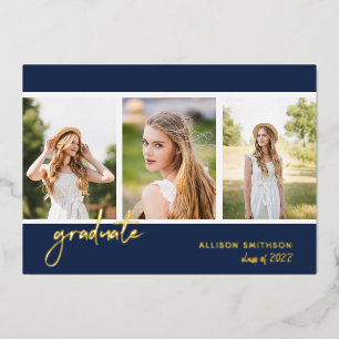 Moderner Navy Blue Foto Collage Abschluss Folieneinladung