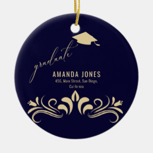 Moderner Navy Blue Gold Grad Cap Abschluss Keramik Ornament