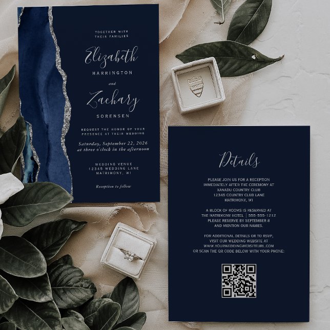 Moderner Navy Blue Silver Agate QR Code Hochzeit Einladung (Von Creator hochgeladen)