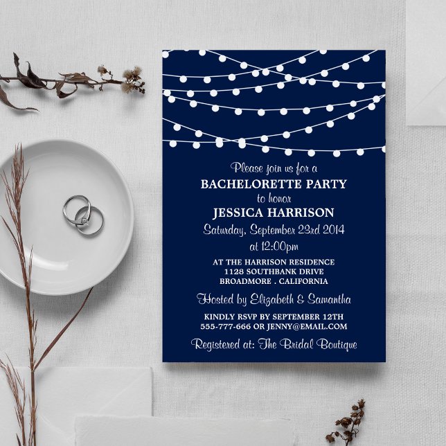 Moderner Navy Blue String Lights Junggeselinnen-Ab Einladung (Von Creator hochgeladen)
