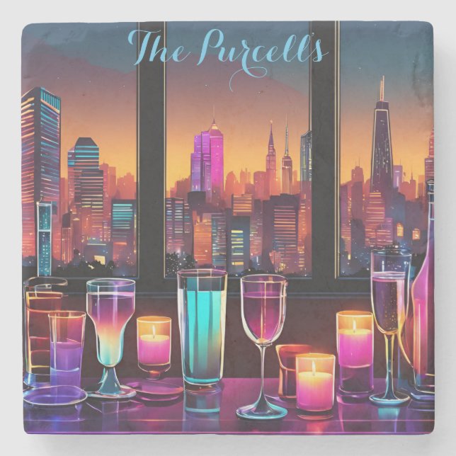 Moderner Neon City Bar Square Marbella Stone Unter Steinuntersetzer (Vorderseite)