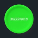 Moderner neongrüner individuelle Name Geburtstag Pappteller<br><div class="desc">Moderner Neon-Grün-Weiß-individuelle Name,  Text,  Geburtstagsparty Paper Teller.</div>