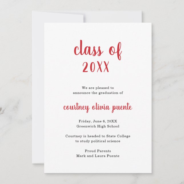 Moderner, nicht Foto einfacher roter Abschluss Ankündigung (Vorderseite)