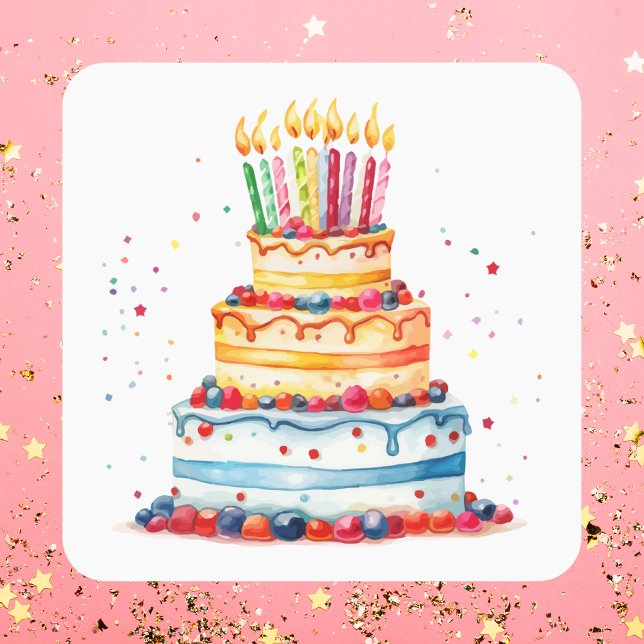 Moderner Niedliche Geburtstag Cake Quadratischer Aufkleber (Von Creator hochgeladen)