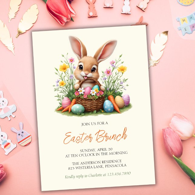 Moderner Niedlicher Kaninchenbrunch Einladung (Charming Easter Brunch Invitation with Bunny, Eggs, and Spring Flowers)