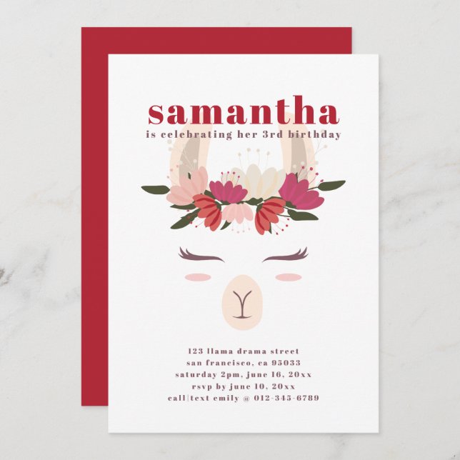 Moderner Niedlicher Llama Geburtstag Einladung (Vorne/Hinten)