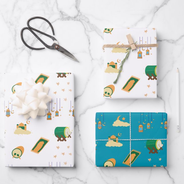 Moderner Niedlicher Ramadan Eid Mubarak Geschenkpapier Set (Vorderseite)