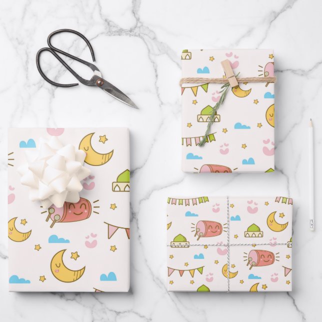 Moderner Niedlicher Ramadan Eid Mubarak Happy Eid Geschenkpapier Set (Vorderseite)