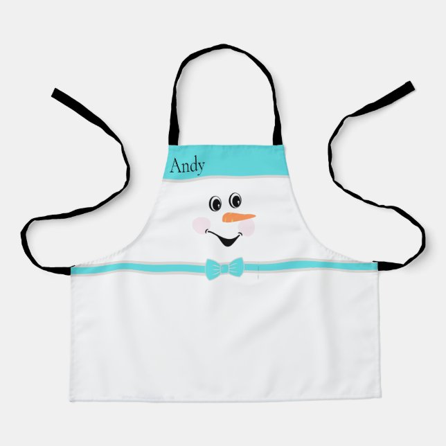 Moderner Niedlicher Schneemann mit Aquamarinem Bow Schürze (Vorderseite)