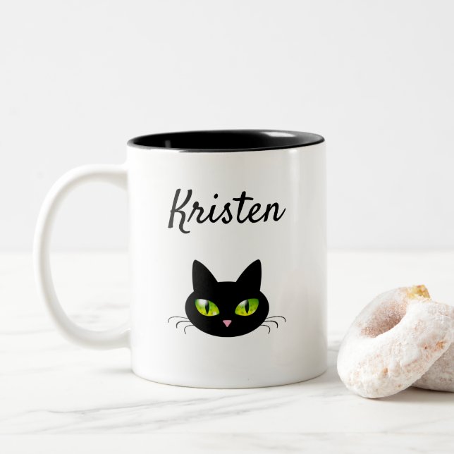 Moderner Niedlicher und Cooler Black Cat Head Zweifarbige Tasse (Mit Donut)