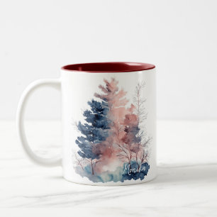 Moderner Niedlicher Wasserfarbenwald in Blau und R Zweifarbige Tasse