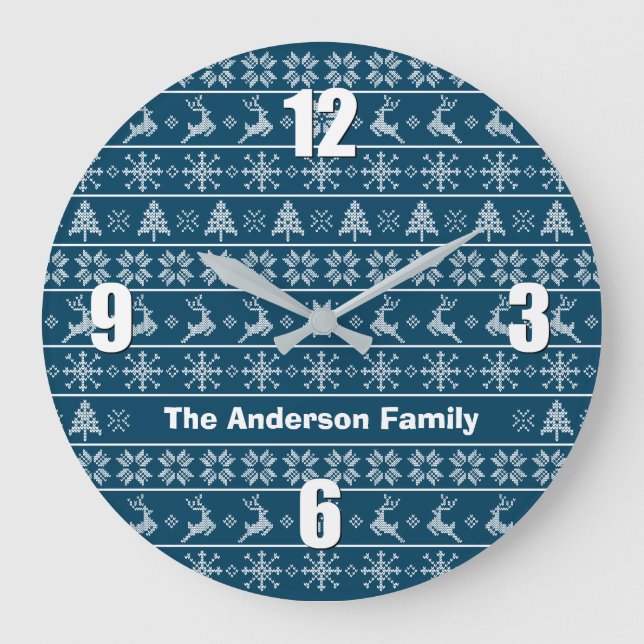 Moderner nordischer Strick Ugly Sweater Navy Weiße Große Wanduhr (Vorderseite)