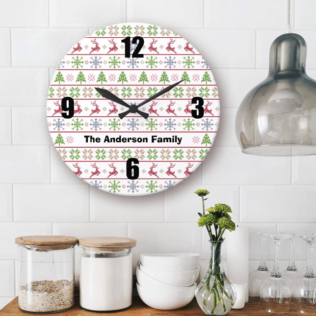 Moderner nordischer Strick Ugly Sweater Red Green  Große Wanduhr (Von Creator hochgeladen)