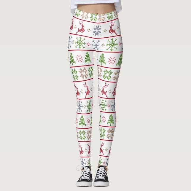Moderner nordischer Strick Ugly Sweater Red Green Leggings (Vorderseite)